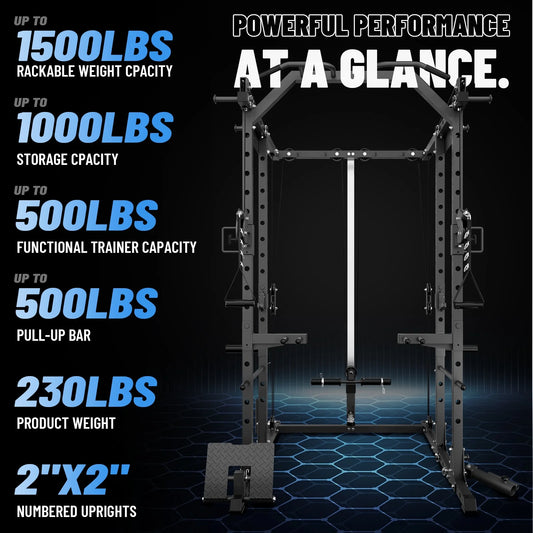 Power Rack Cage, 1500LBS Weight Cage with 800LB Capacity Adjustable Weight Bench, 1500LB Capacity Barbell and 230LB Weight Plate Set Black