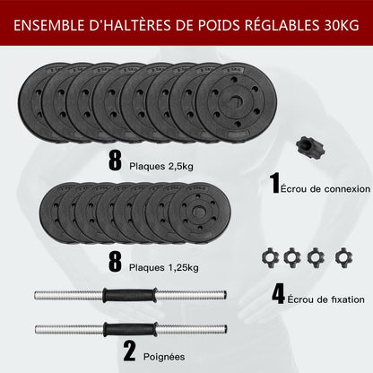 Haltères Pour Musculation 2 En 1 Disques Poids Ajustable 30KG Poignée Confortable, Pour Fitness Musculation Entraînement